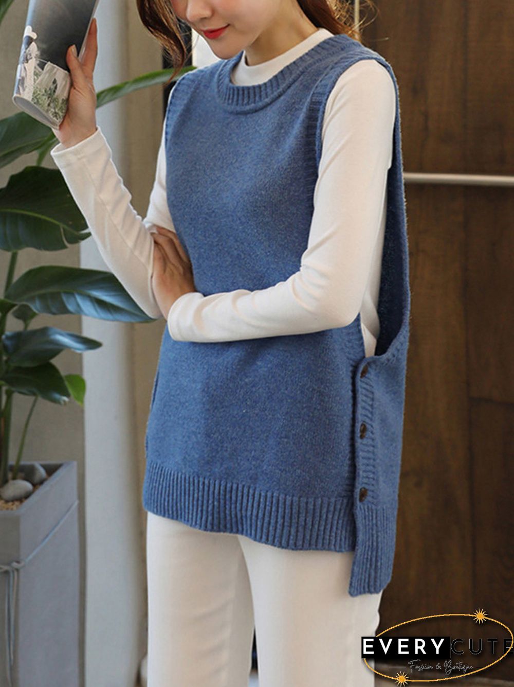 Simple Sleeveless Loose Buttoned Solid Color Round-Neck Sweater Vest Outerwear