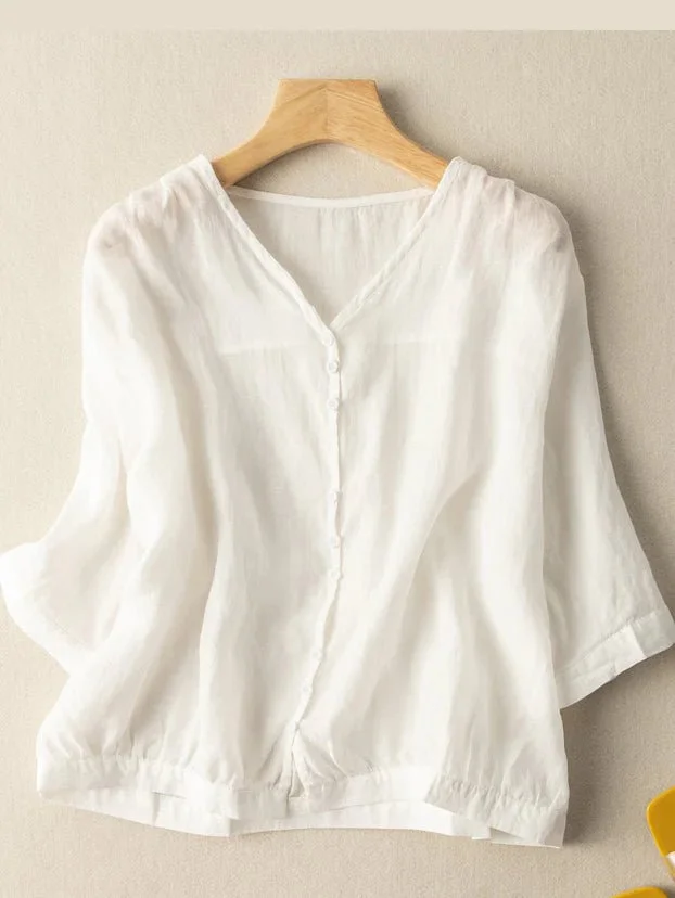 Pure Color V Neck 3/4 Sleeve Casual Linen Shirt Top
