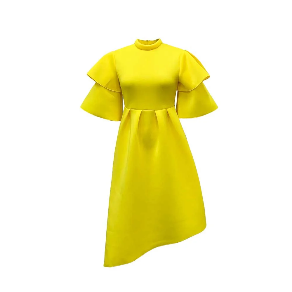 Uveng Summer Double-layer Ruffle Ruffled Sleeve Solid Color Wide Hem Dress Gown