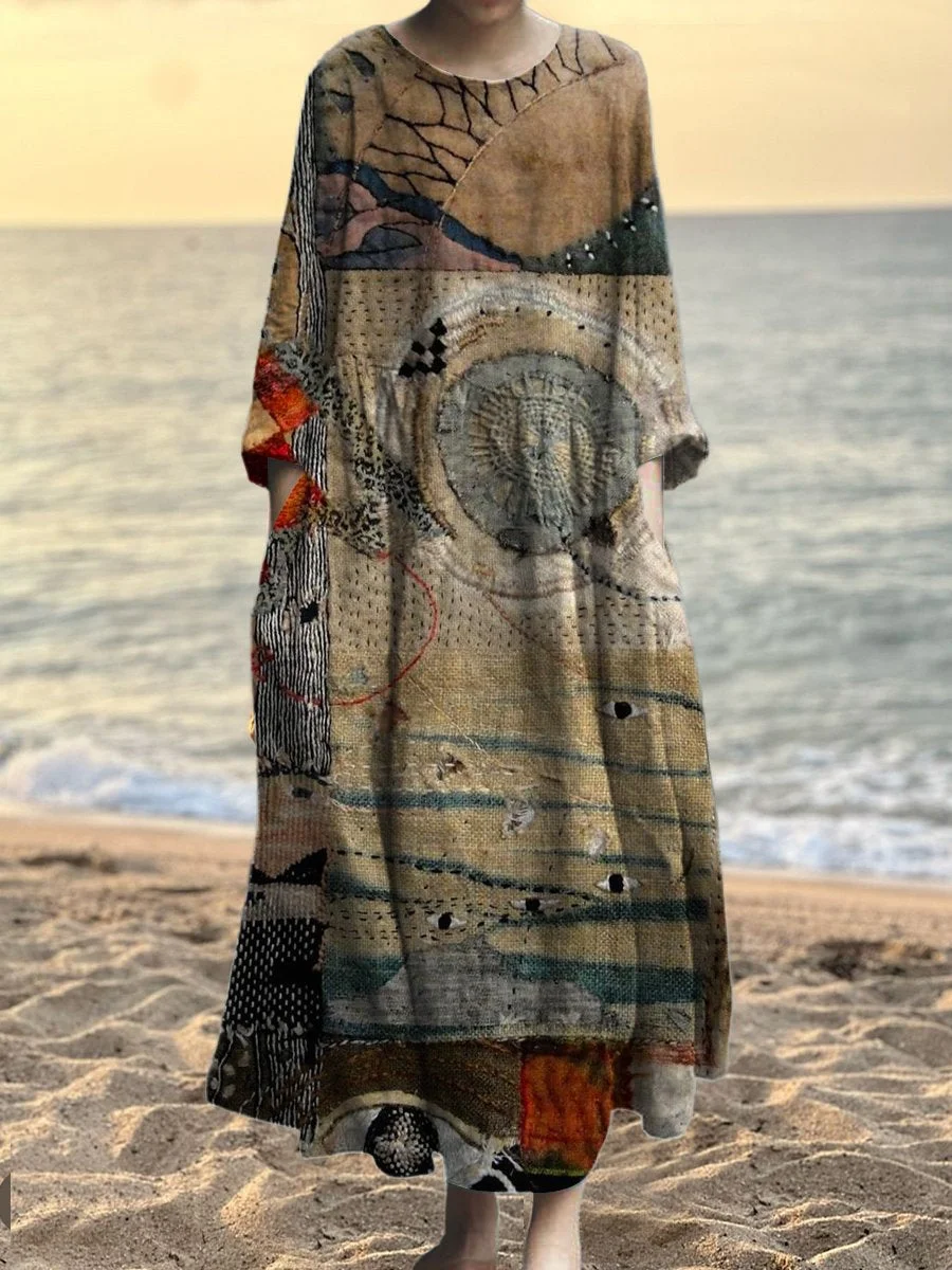 Women's Vintage Irregular Patchwork Art Print Pocket Cotton Dress