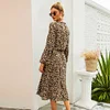 Women's A-Line Dress V-Neck Leopard Print Long Sleeve Midi Dress