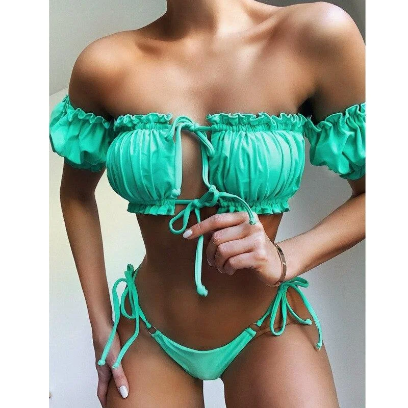 Justchicc Solid Swimsuit Summer Sleeveless Off Shoulder Bandage Women Clothes 2023  Ruffle Skinny Swimsuit One Piece Rompers