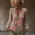 Boho Pink Floral Lace Embroidered V Neck Linen Tunic - Image 2