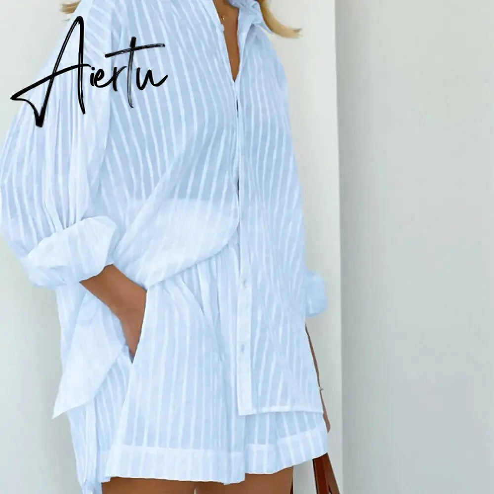 Women's Pajamas Cotton Casual Shorts Sets Striped Jacquard 2 Pieces Cozy Lapel Lantern Sleeve Shirt Summer Outfit Shorts Suits Aiertu