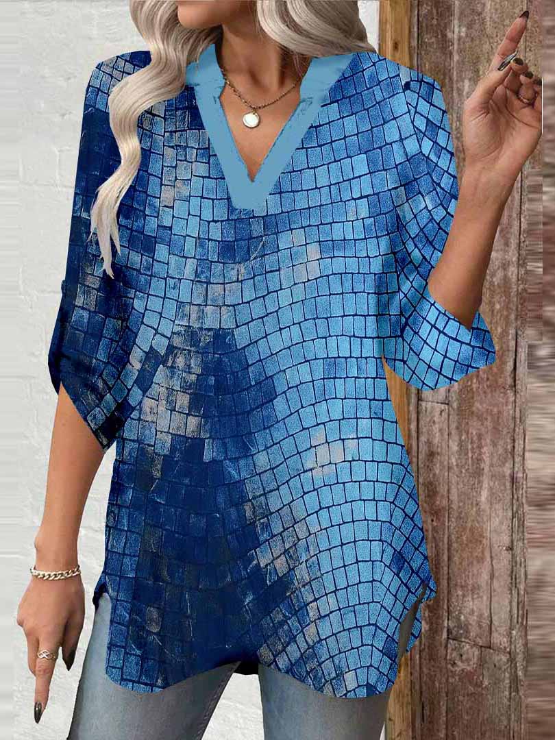 Women Textured, Blue DZGA0489 3/4 Sleeve V-neck Printed Graphic Button Tops