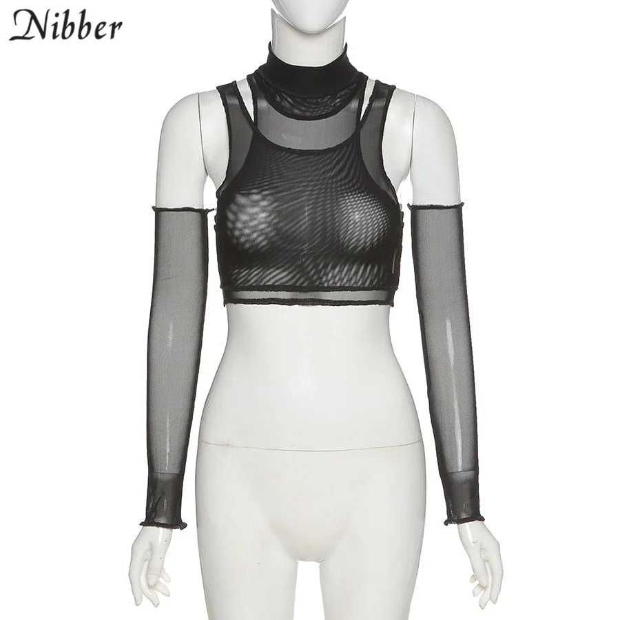 Nibber Sexy Club Mesh See-Through Sleevsless Tank Tee Women Fashion Street Style Off Shoulder Solid Color Crop Top T-Shirt Mujer