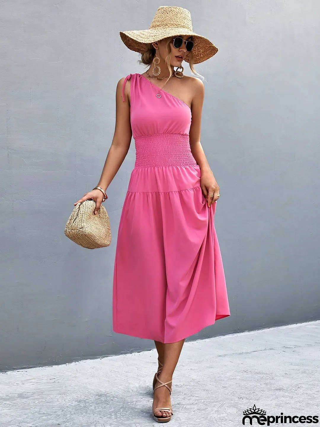 Asymmetrical One Shoulder Smocked Waist Midi Dress