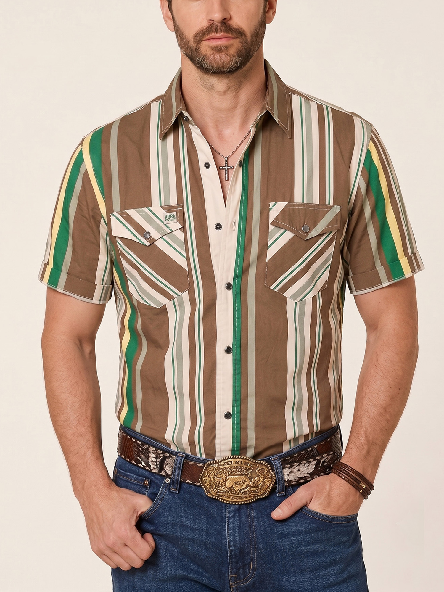 Western Outfits &mdash; Earthy Brown Retro Vertical Stripe Cotton Poplin Blouse