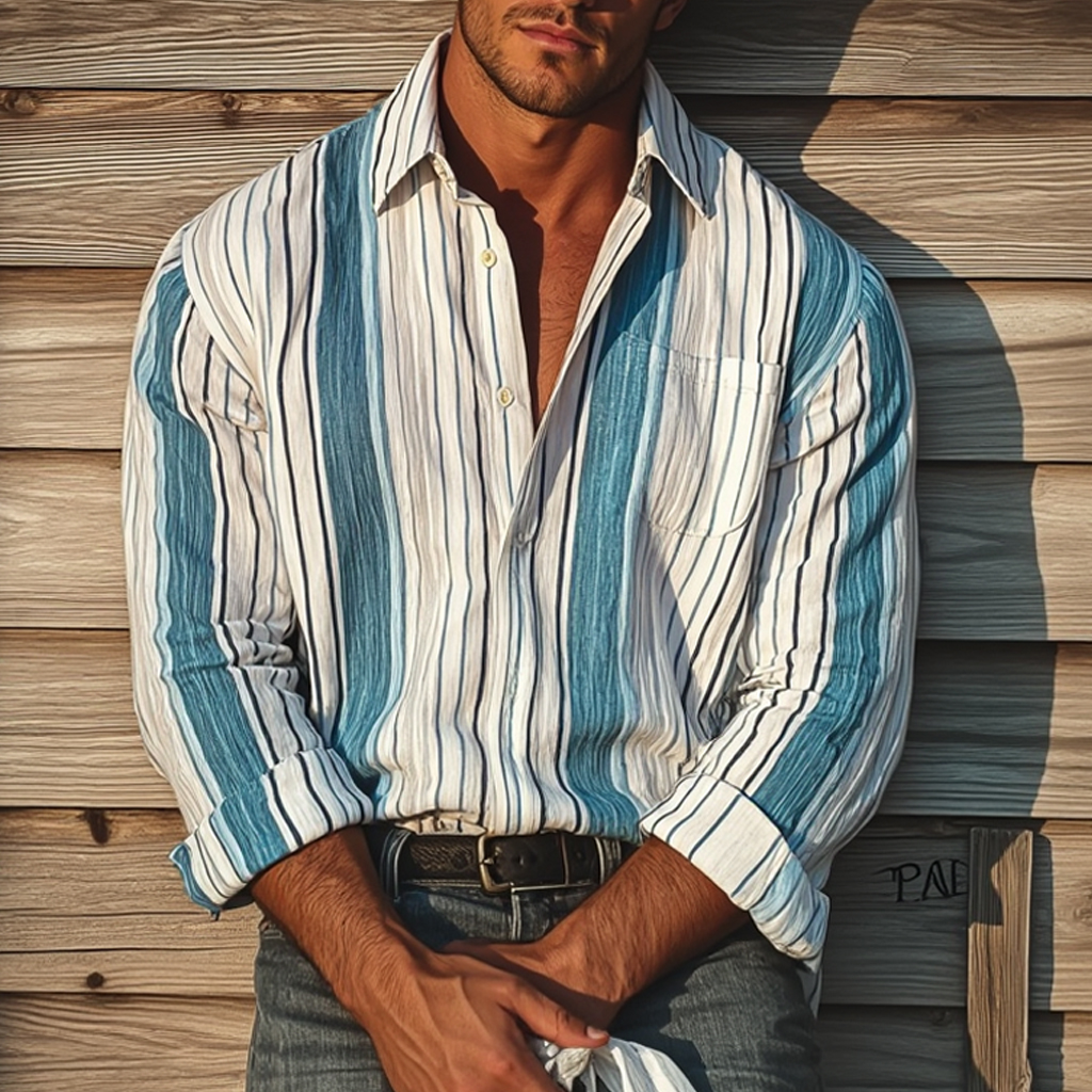 Men's Retro Colorblock Casual Striped Print Loose Long Sleeve Shirt