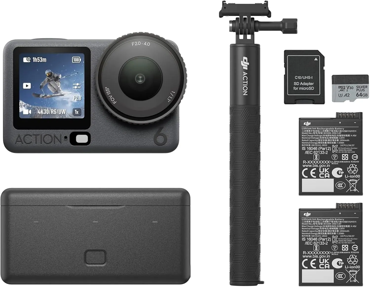 DJI Osmo Action 6 8K Waterproof Action Camera Bundle, 1/1.1" Square Sensor, Variable Aperture of f/2.0&ndash;f/4.0, 50GB Built-in Storage, Original Enhanced Combo + Extra 64GB Card