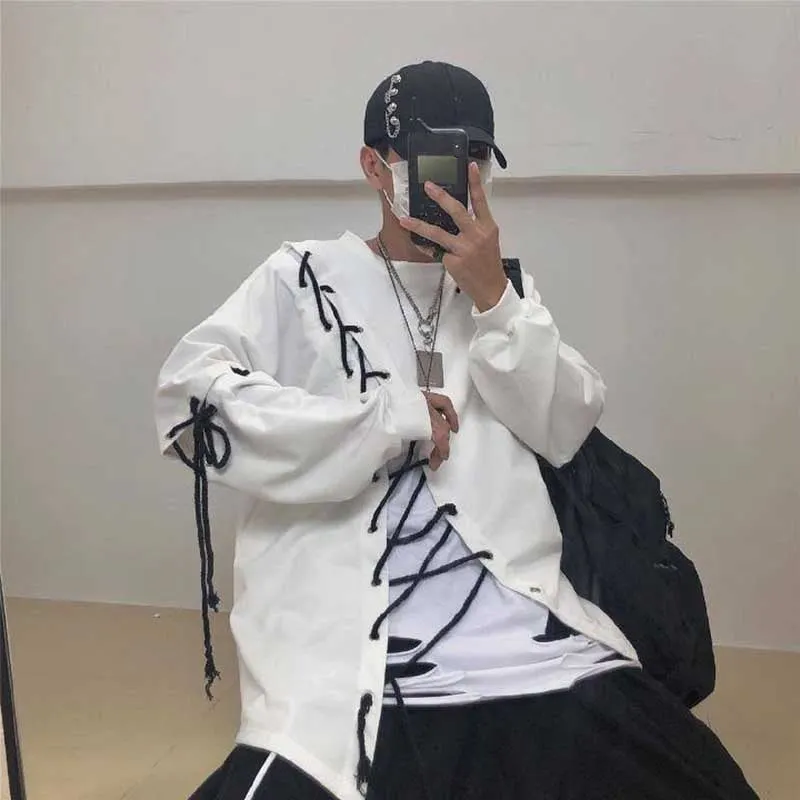 NiceMix Dark Wind Super Fire High Street Hip Hop Personality Diy Tied Bandwidth Loose Long Sleeve T-shirt Men & Lady Tee