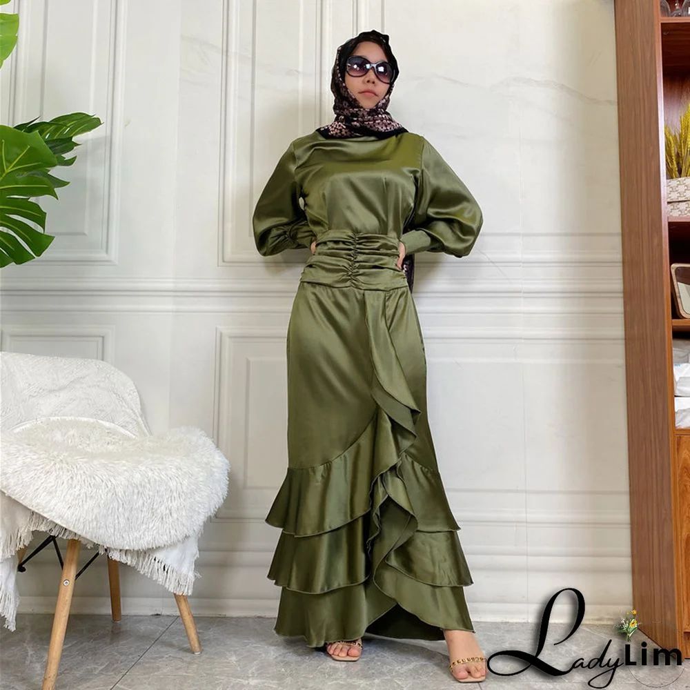 Women Islamic Round Neck Shirt Muslim Maxi Dress Two Piece Set