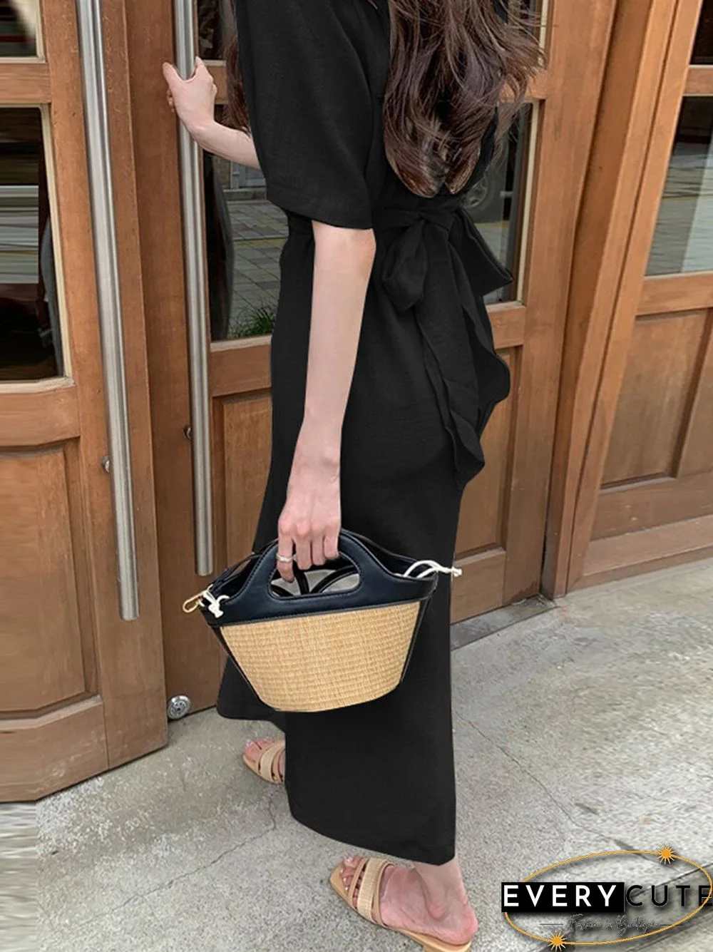 Cotton Solid Bowknot Short Sleeve Maxi Dress