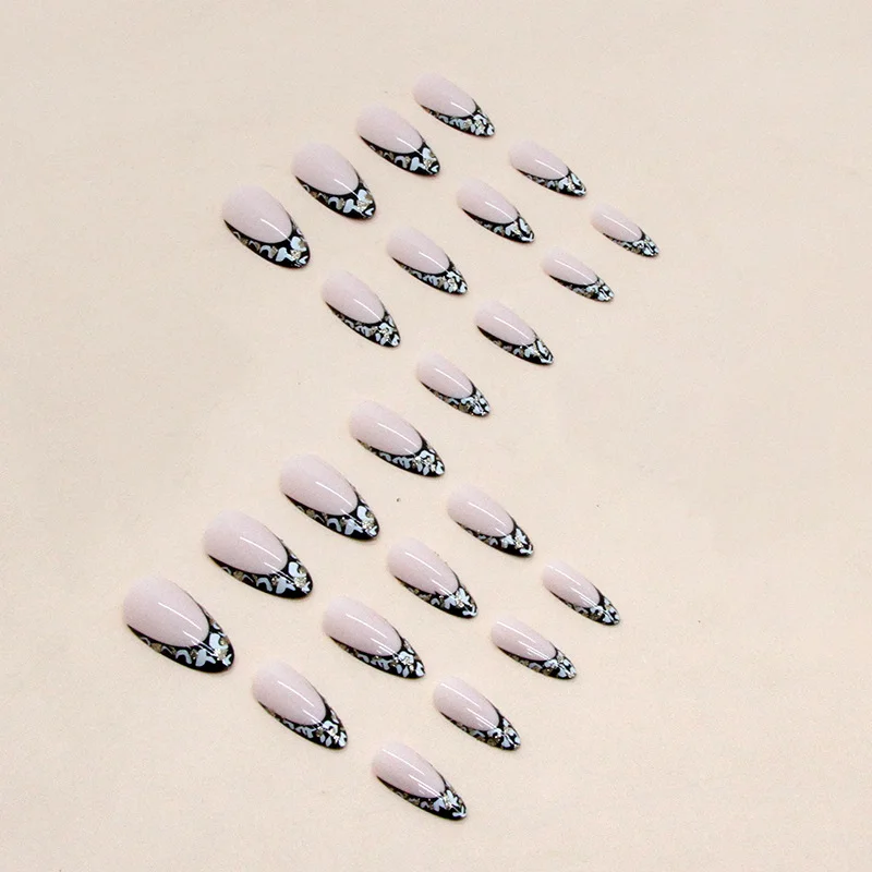 Churchf Churchf Girl Almond Nail Black Leopard Print French Flash Pink Nail Ins Wind Fake Round Fingernail Piece