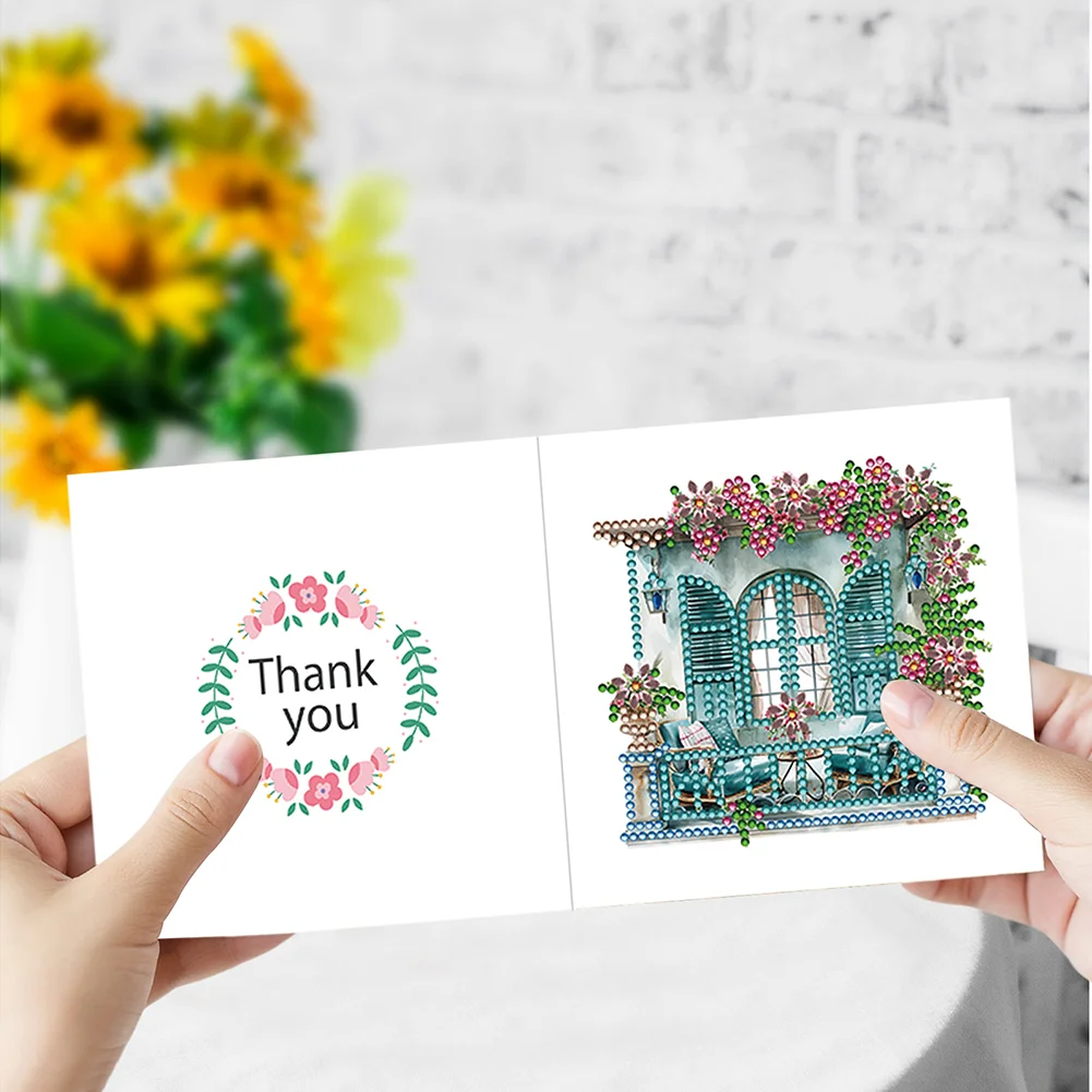 6Pcs DIY Flower Pavilion Special Shape Diamond Handmade Card for Friends Gift【With White Envelope】