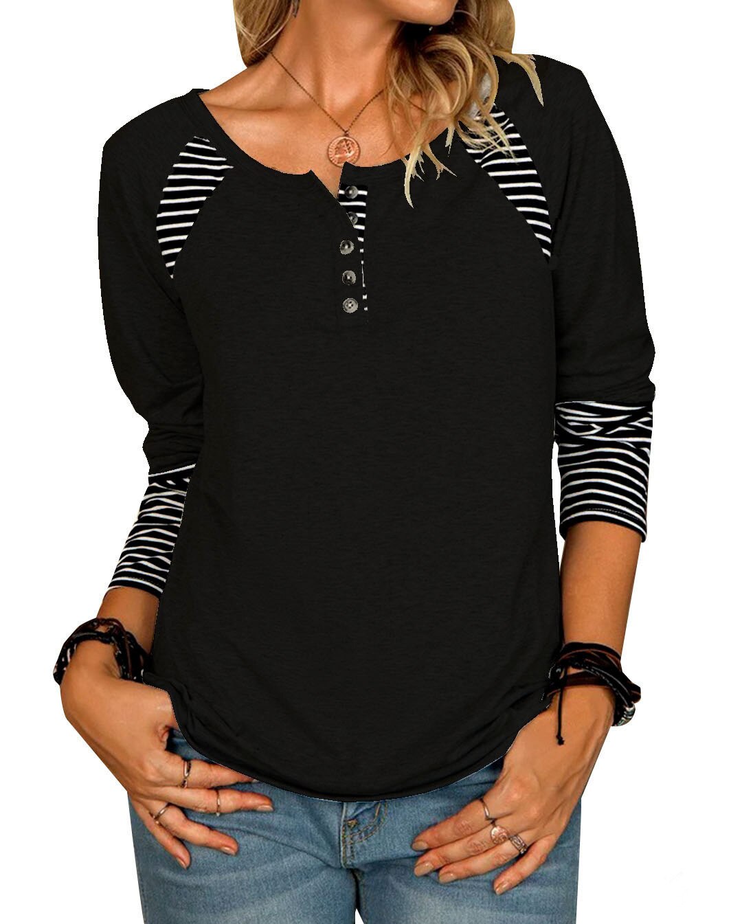 Spring/Autumn Women Striped Single-Breasted  Sweatshirts