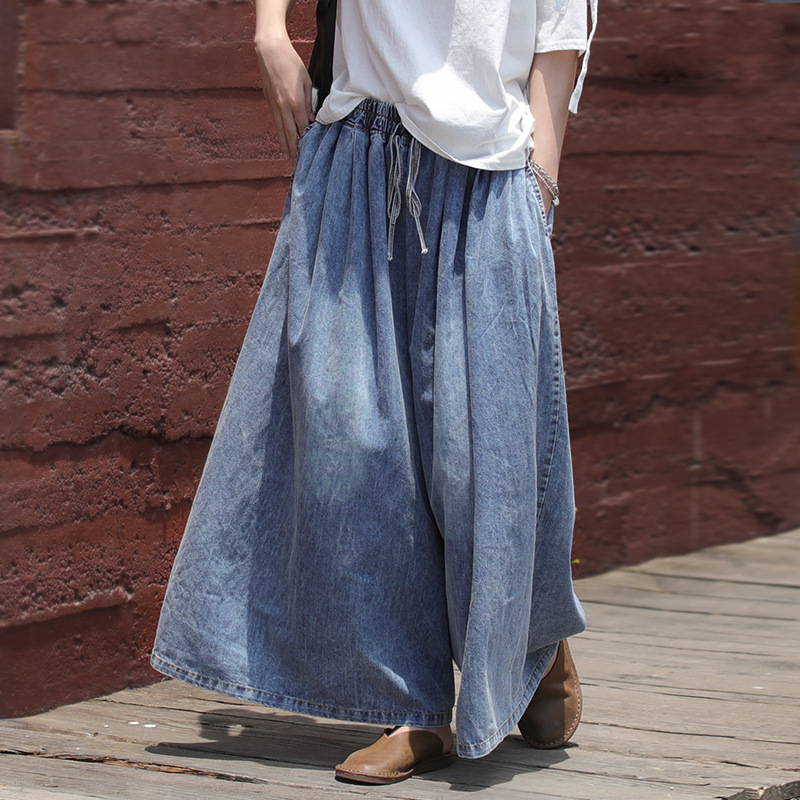 Loose Solid Color Denim Lace-Up Wide-Leg Pants
