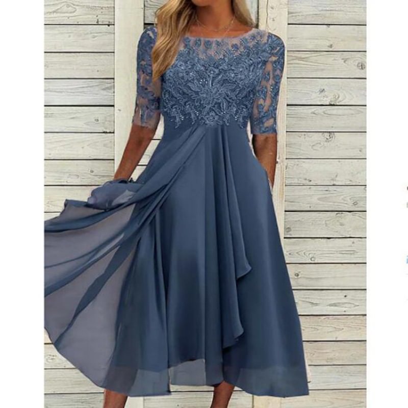 Round Neck Lace Swing Elegant Occasion Formal Midi Prom Dress