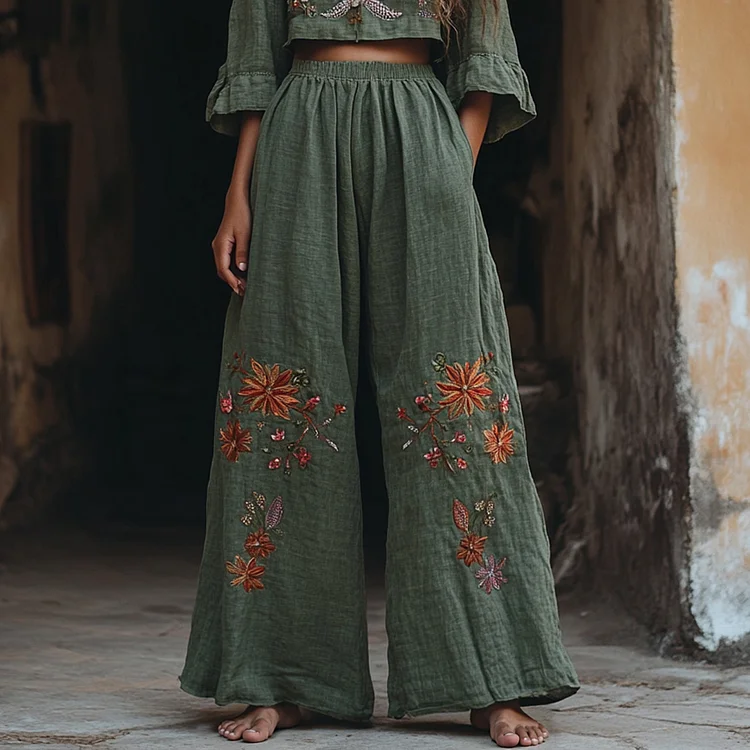 Women's Vintage Floral Embroidered Pattern Linen Blend Casual Pants