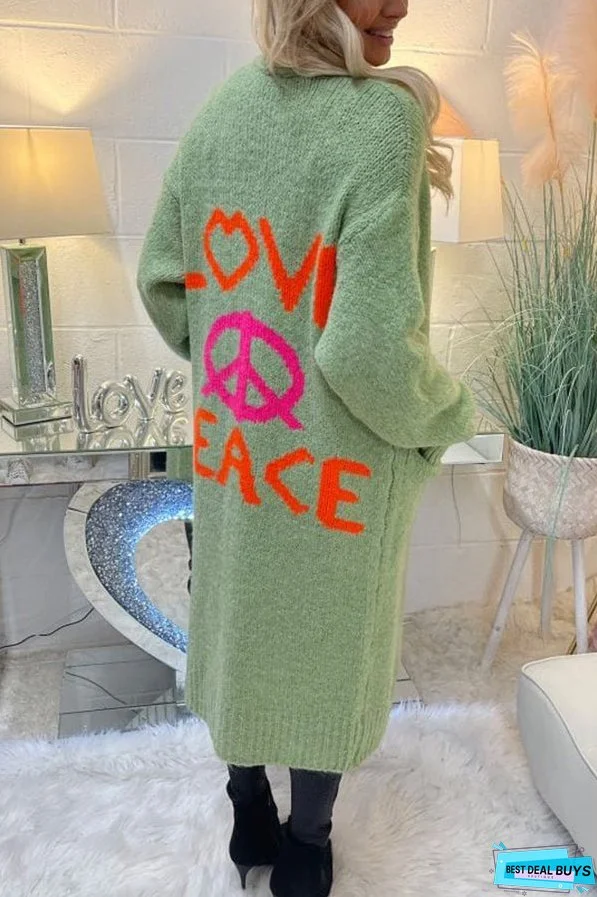 Neon Love Peace Chunky Knit Pocket Straight Midi Cardigan