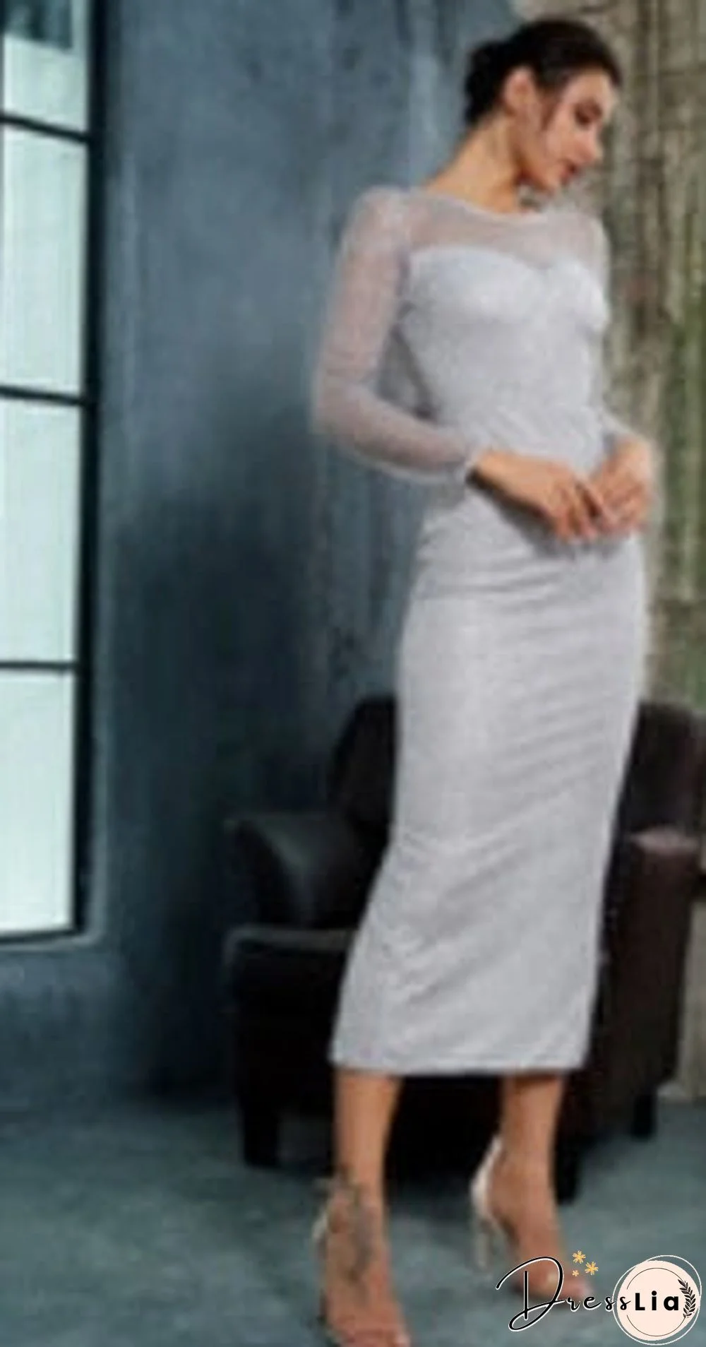 Navy 0-Neck Open Back Glued Material Mid-Calf Dress LM81350