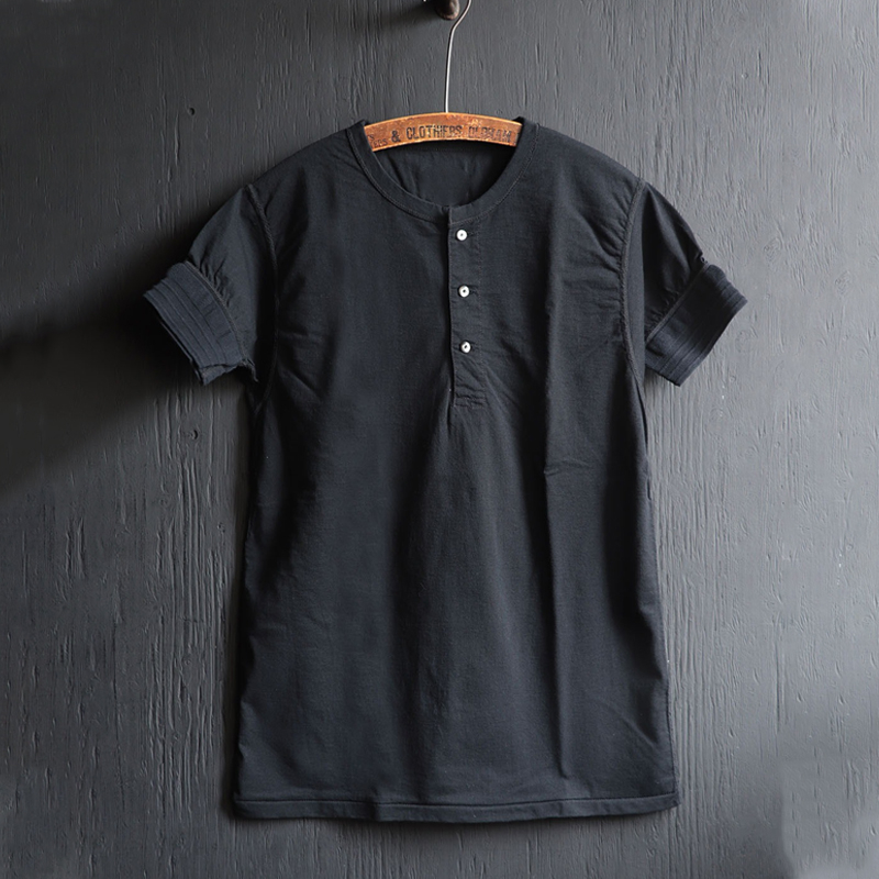 Vintage Cotton Classic Black Short Sleeve Henley Tee