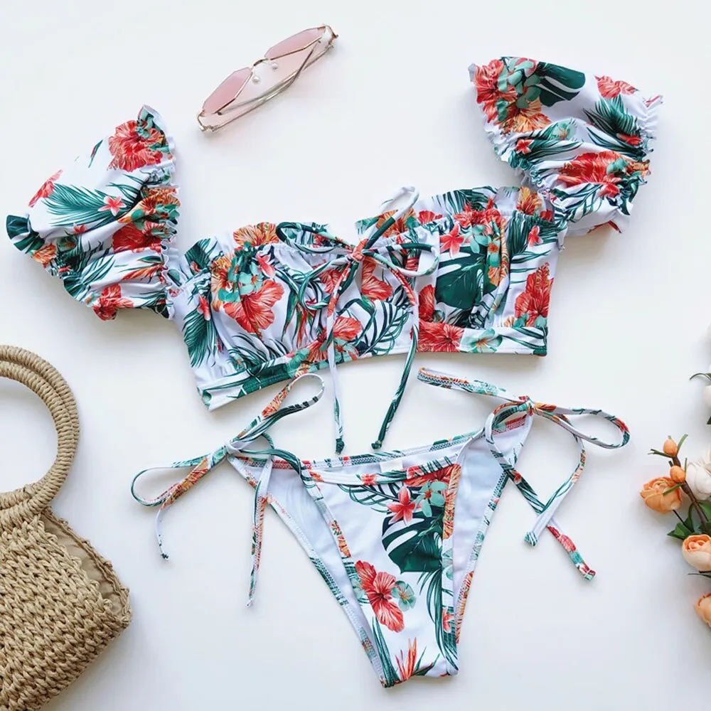Off shoulder Thong Bikini 2020 Sexy Solid Swimwear Women bathers High cut Ruffle Brazilian Swimsuit Female bathing suit
