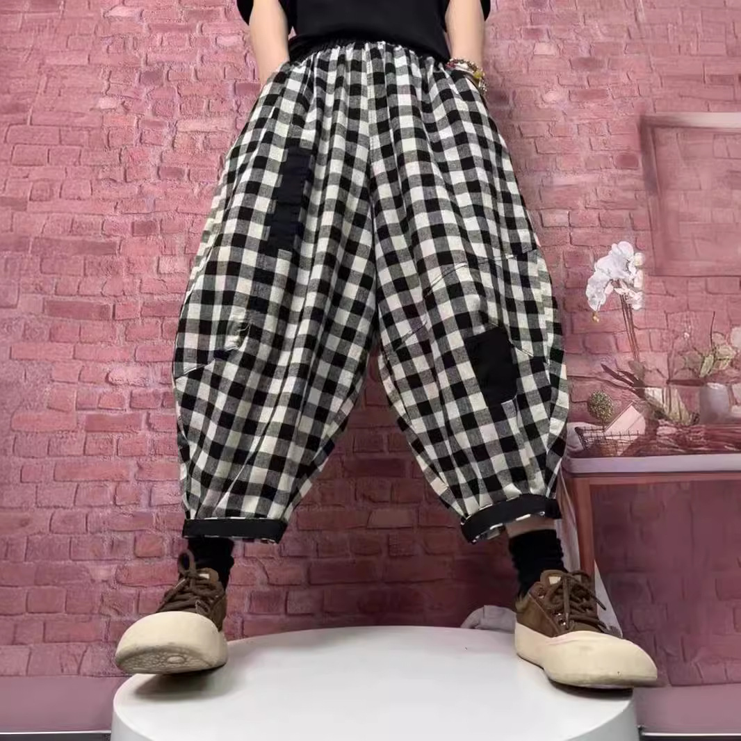Literary Vintage Plaid Ankle Harem Pants