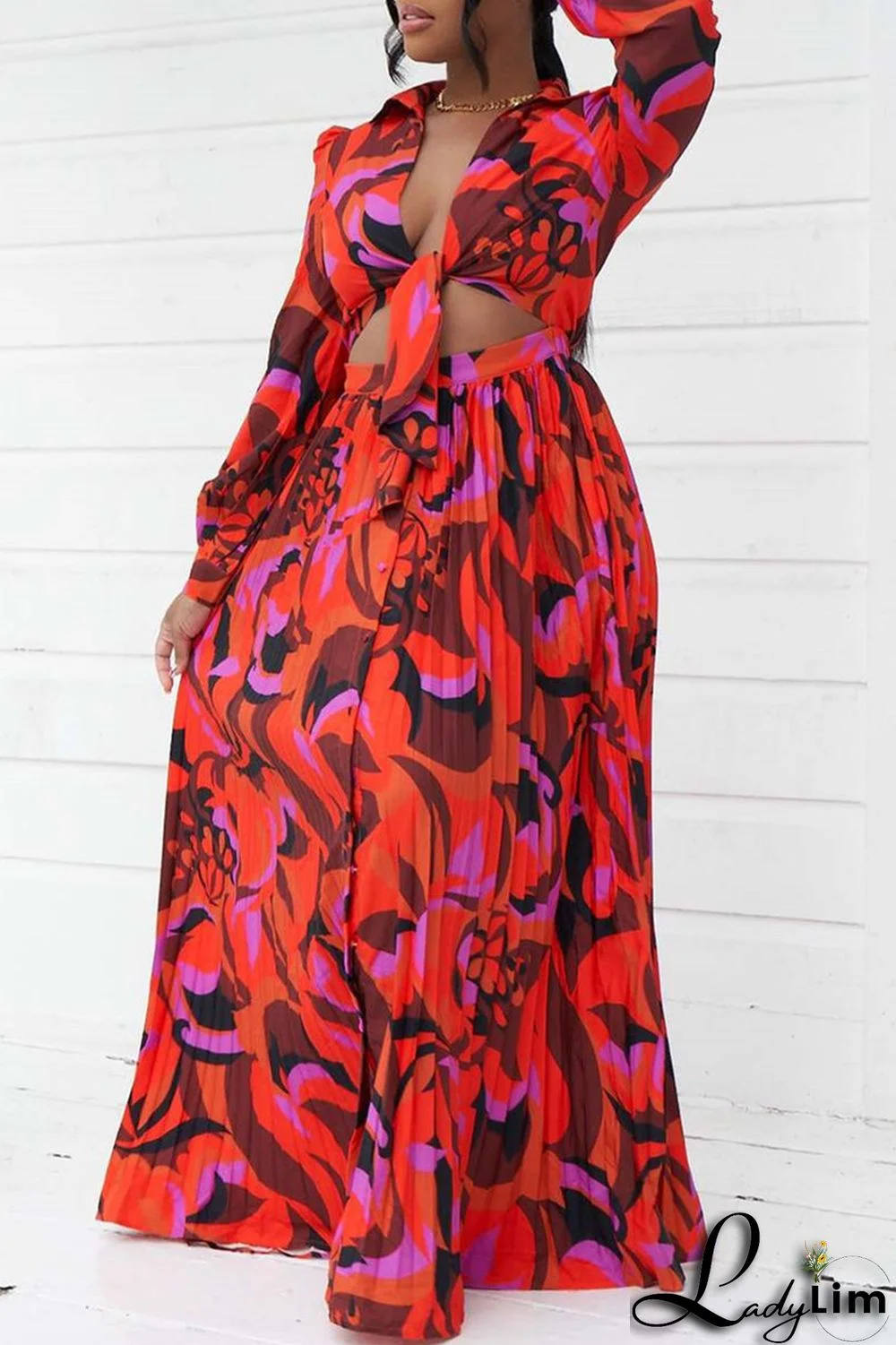 Red Fashion Casual Print Bandage Slit V Neck Long Sleeve Dresses