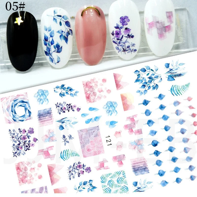 Geometric Lines Flower Leaf 3D Nail Stickers Blue Gold Cool Fall Leaves Spring Transfer Slider Nail Art Decoration Manicures-Nail Inspo