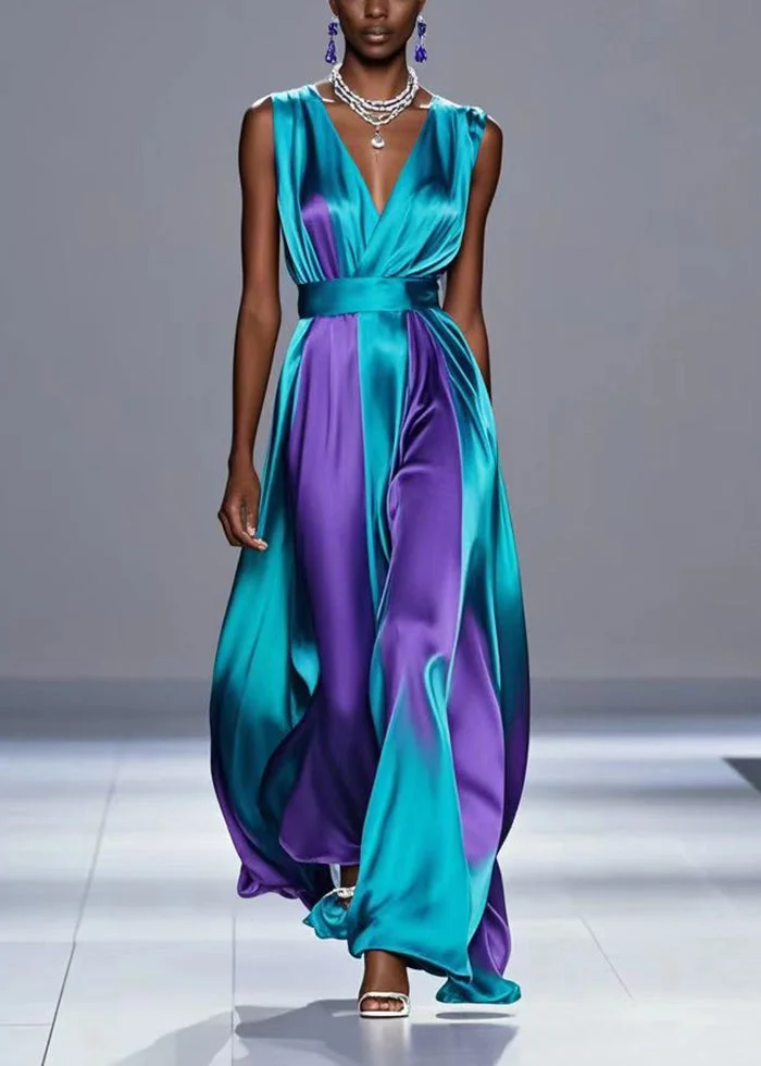 Beautiful Dull Green Cinched Patchwork Silk Vacation Dresses Sleeveless Summer