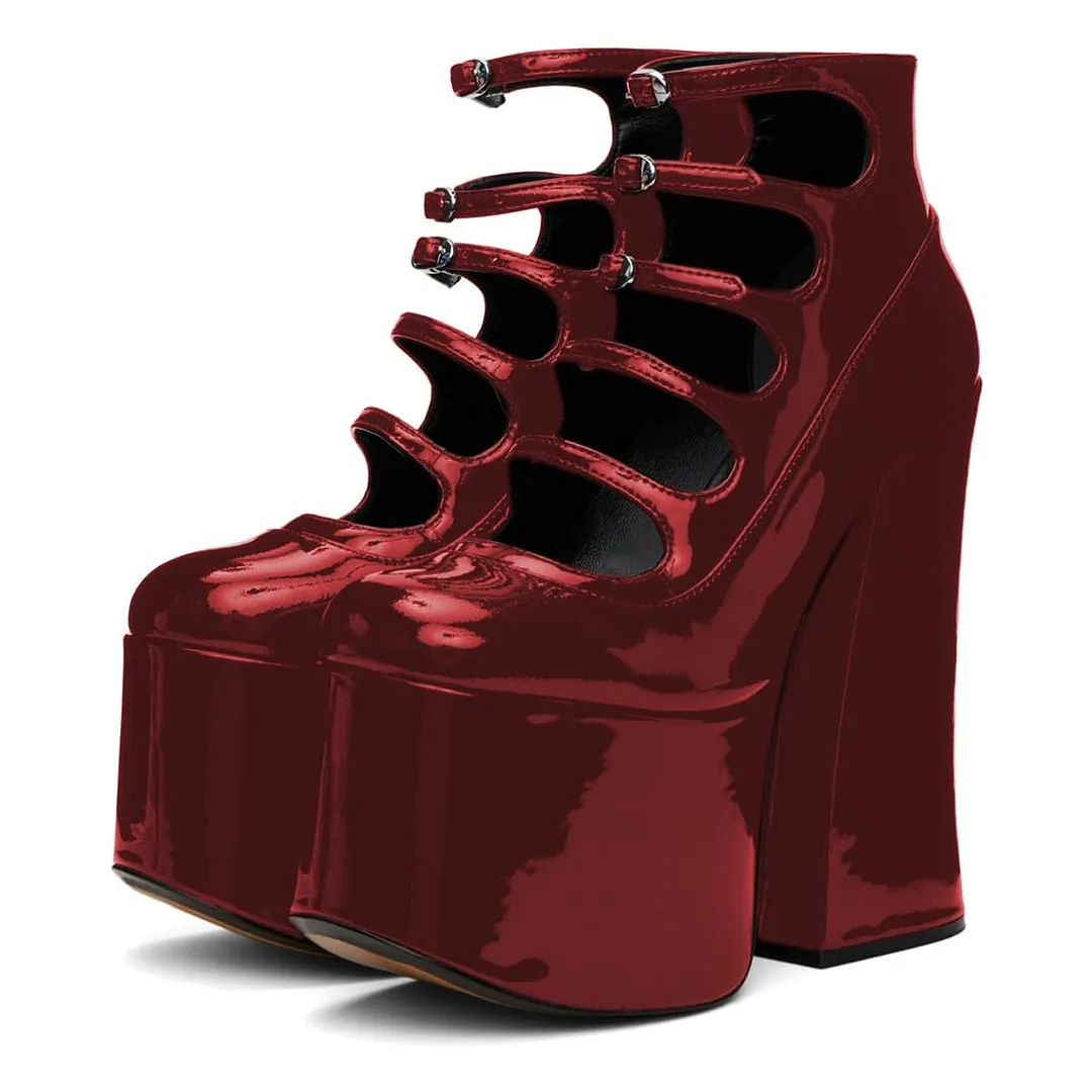 Red Patent Leather Round Toe Buckle Strappy Platform Pumps