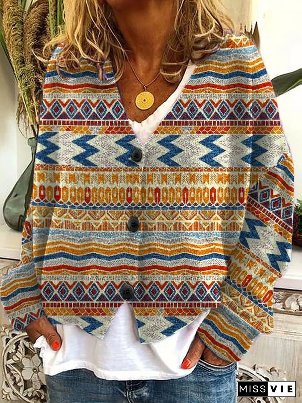 Women's Retro Western Print Plush Cardigan