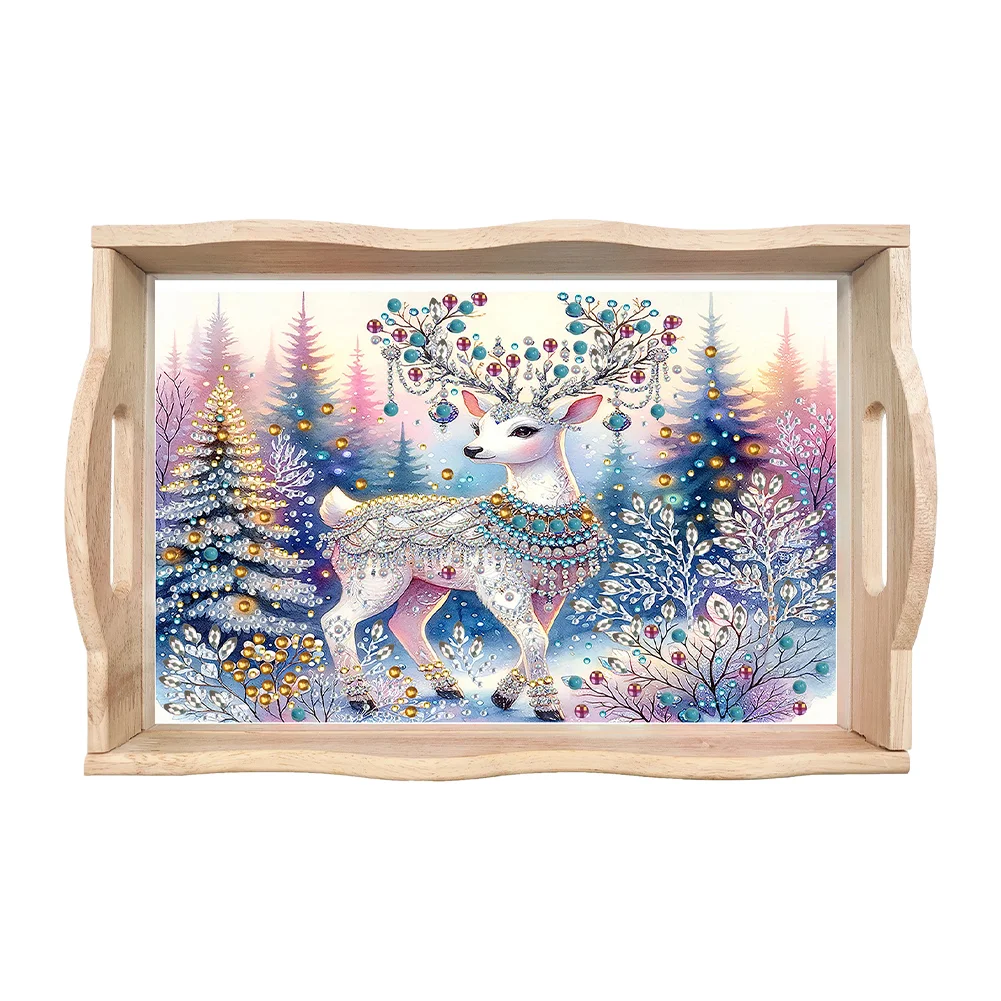 DIY Christmas Blue Elk Diamond Painting Wooden Serving Tray Home Decoration