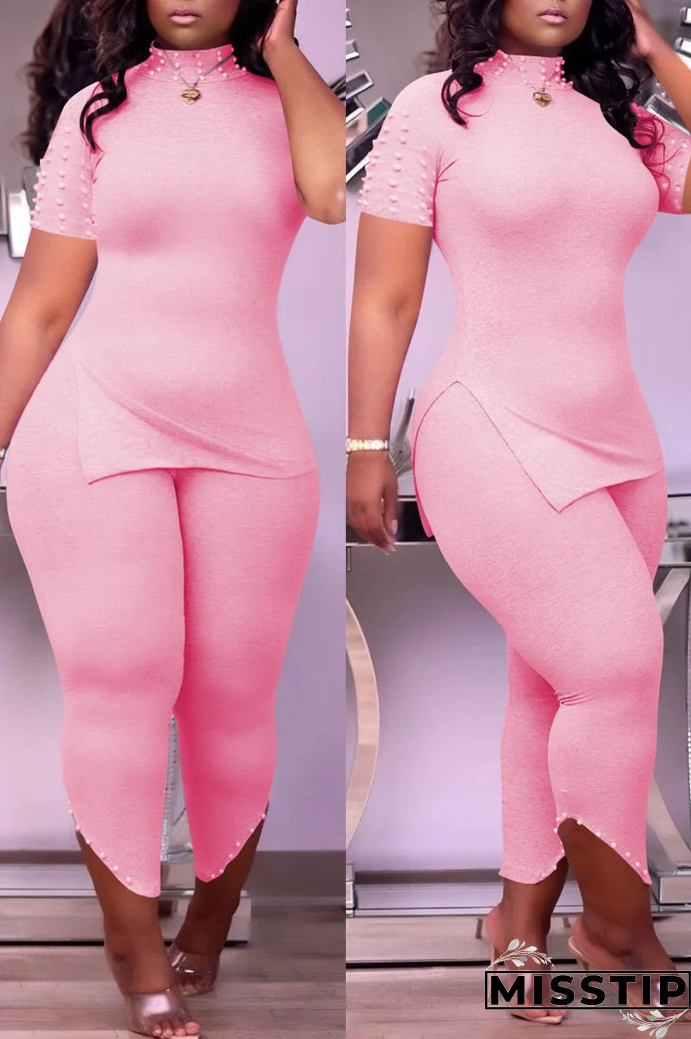 Burgundy Casual Solid Patchwork Slit Beading Half A Turtleneck Short Sleeve Two Pieces