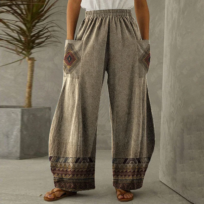 Casual Vintage Ethnic Print Wide Leg Pants