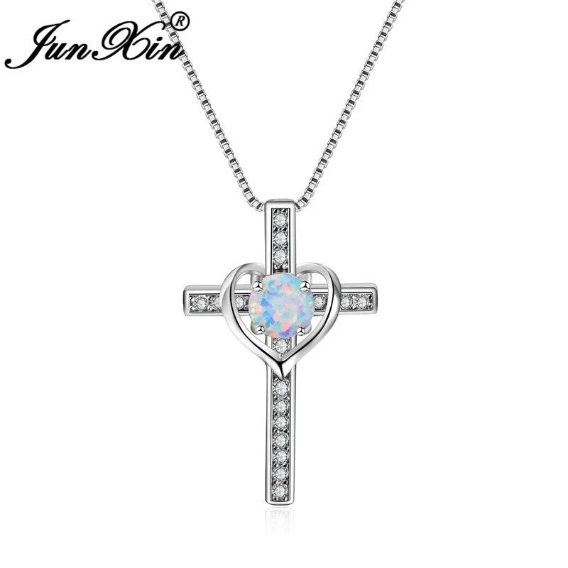 JUNXIN Lucky Silver Color Zircon Heart & Cross Pendant Necklaces For Women Mystic Round White Fire Opal Jewelry
