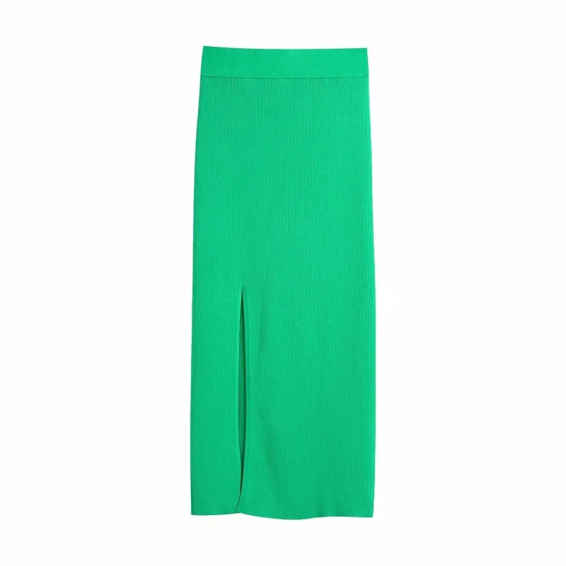 SLMD Stylish Chic Green Ribbed Knitted Skirts Women 2021 Fashion Side Split Skirt Female Casual Jupe