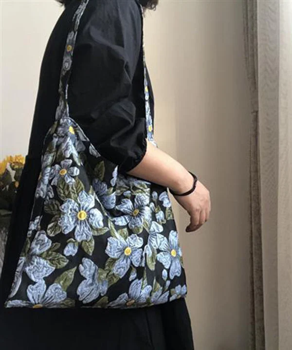 Simple Blue Embroideried Floral Paitings Cotton Satchel Handbag