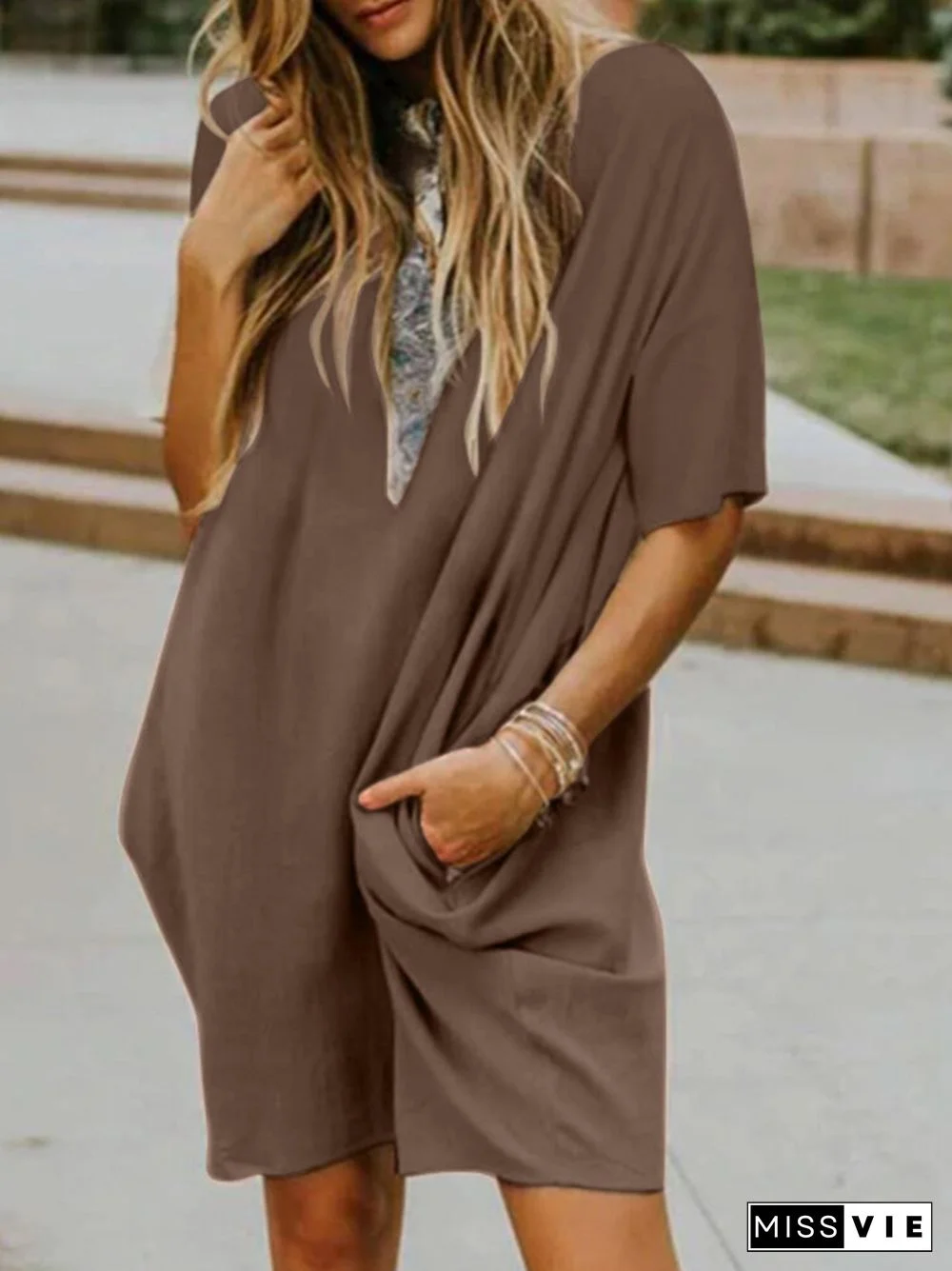 Leisure Solid Pocket Half Sleeve Midi Dress