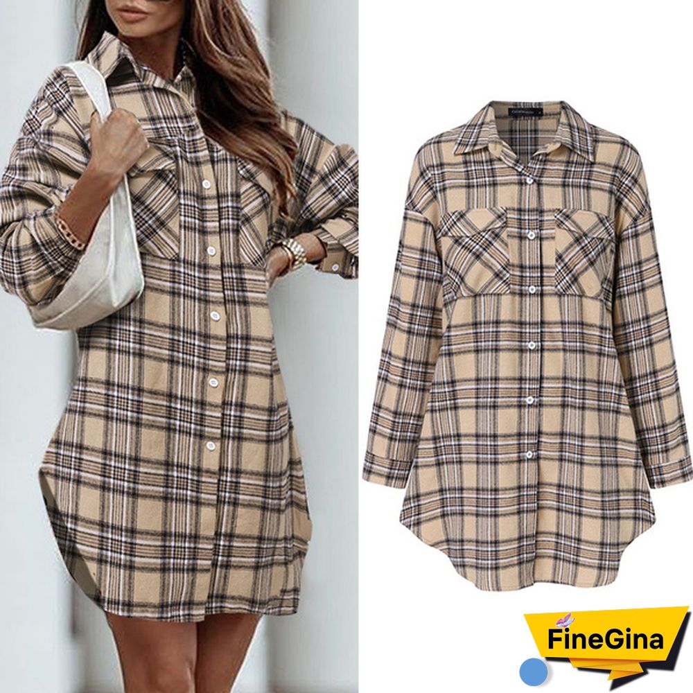 Plus Size Women Plaid Long Shirt Dress Lapel Collar Long Sleeve Pockets Casual Loose Mini Dress S-5XL
