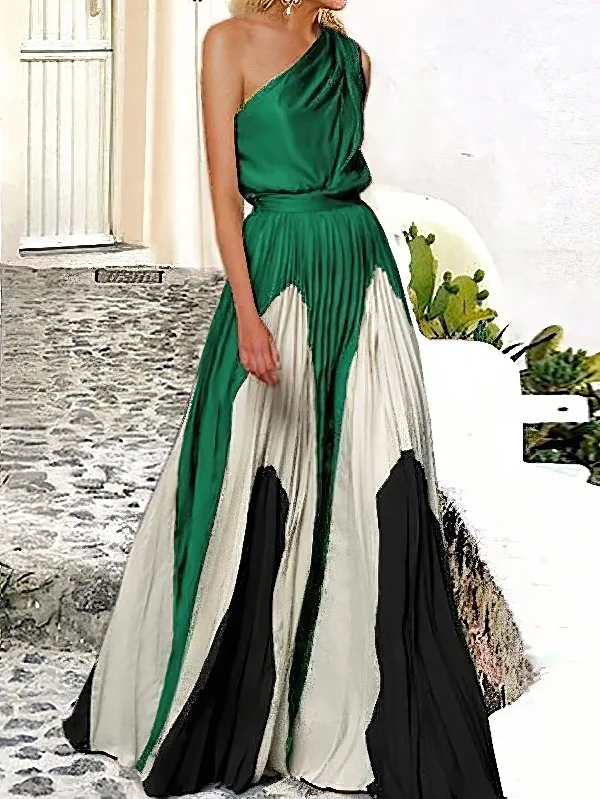 Sleeveless Asymmetric Pleated Printed One-Shoulder Maxi Dresses