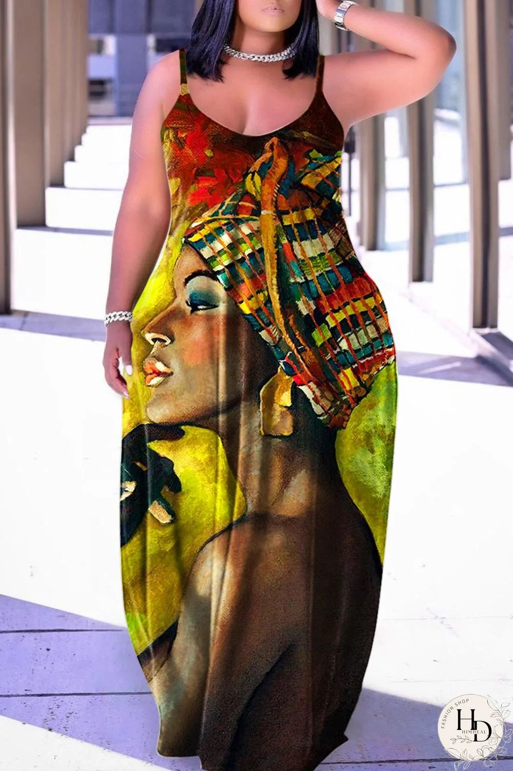 Green Yellow Sexy Casual Print Backless Spaghetti Strap Long Dress Dresses