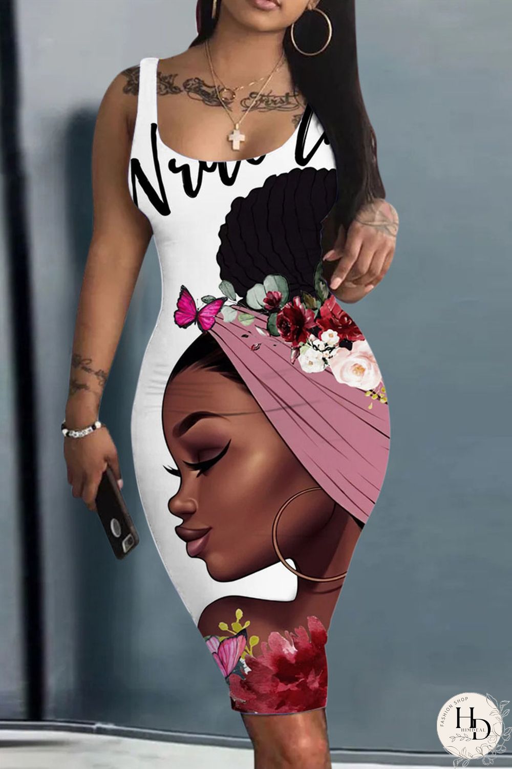 White Black Casual Print Patchwork U Neck One Step Skirt Dresses