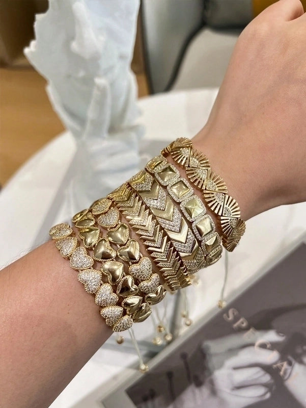 Brass 18K Gold Plated Drawstring Sector Square Heart Shape Zircon Drawstring Bracelets