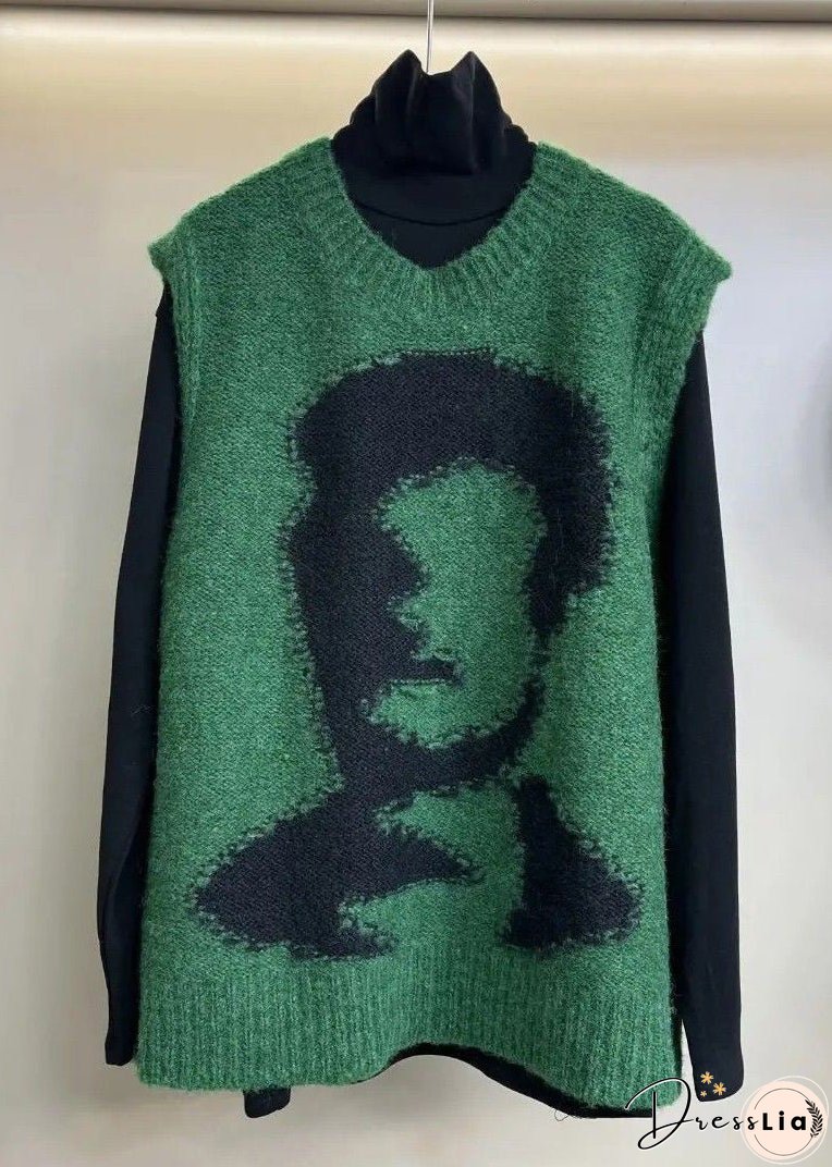 Jacquard Green O Neck Cozy Knit Waistcoat Sleeveless