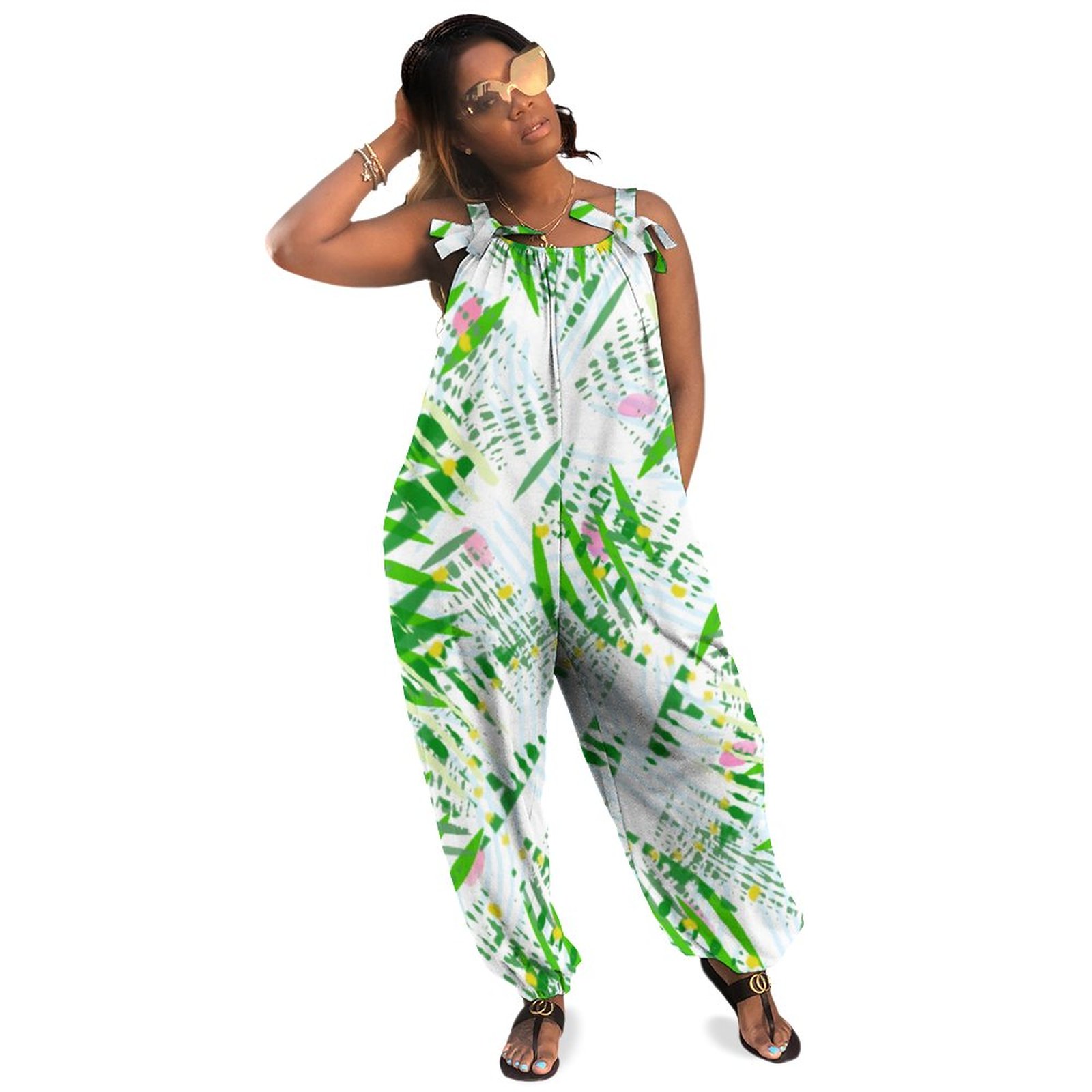Tropical Abstract Pattern With Palms Flowers Plus Size Women Rompers Summer Casual Loose Jumpsuit Overalls Wide Leg Polyester Spandex