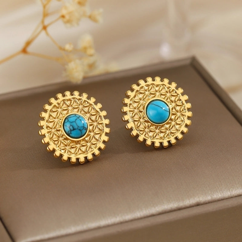 1 Pair Classical French Style Artistic Round Inlay 304 Stainless Steel Turquoise Ear Studs