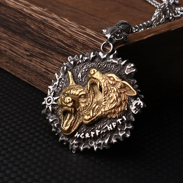 Coutureaura Norse Double Wolf Head Fierce Necklace
