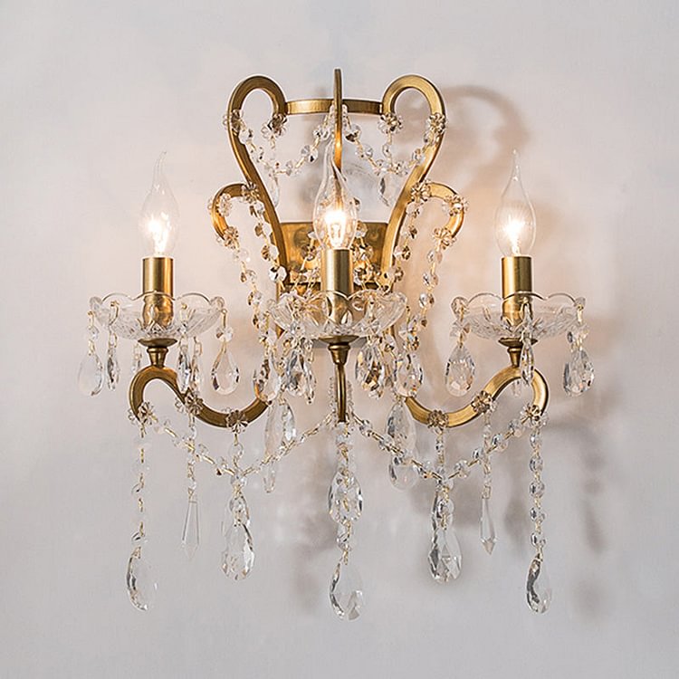 Candle Bedroom Sconce Light Rustic Metal 3 Bulbs Gold/Ivory Wall Lighting Fixture with Dangling Crystal Accent
